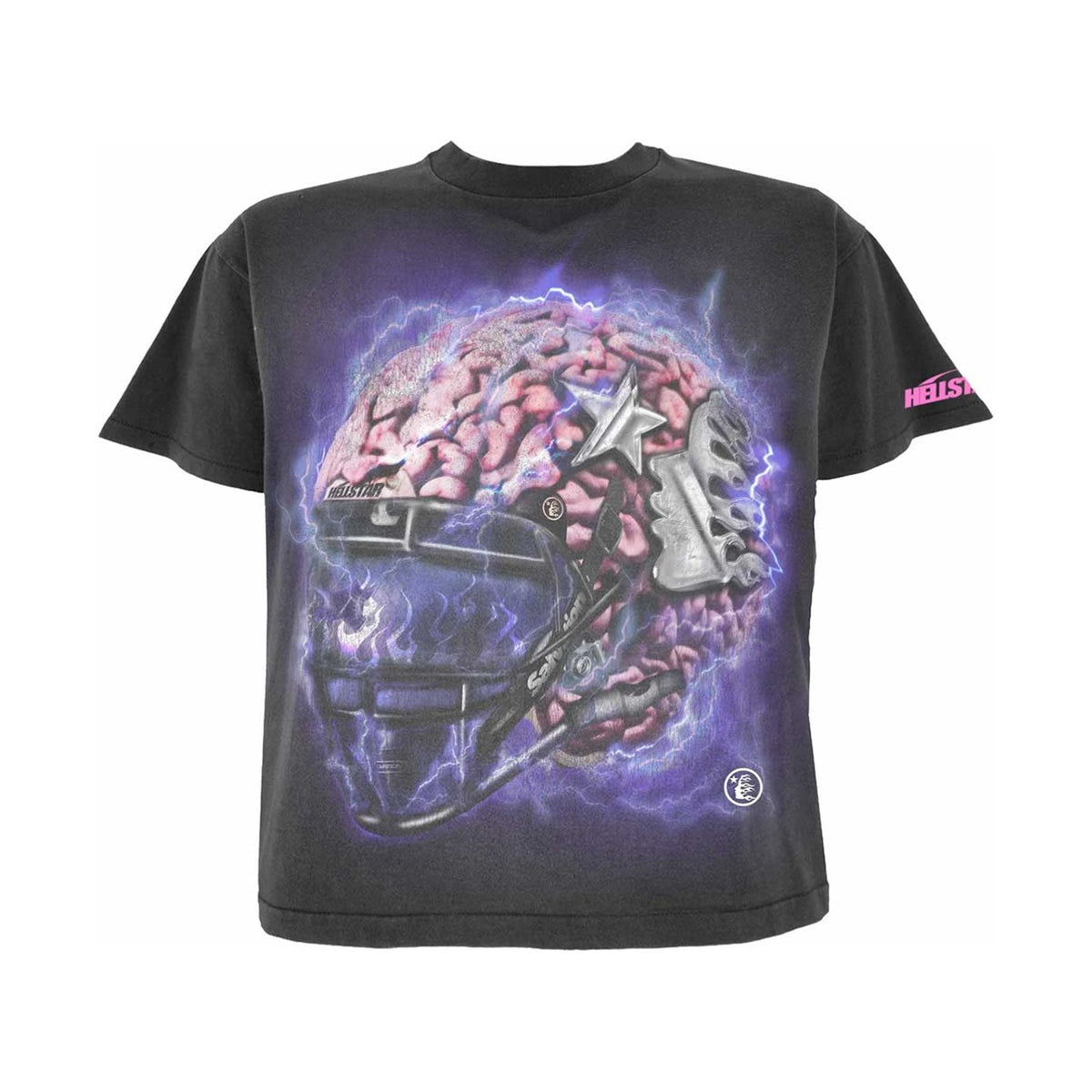 Hellstar Faded Black Brain Helmet Tee: Brain in football helmet w/ purple lightning. Pink Hellstar logo on sleeve.