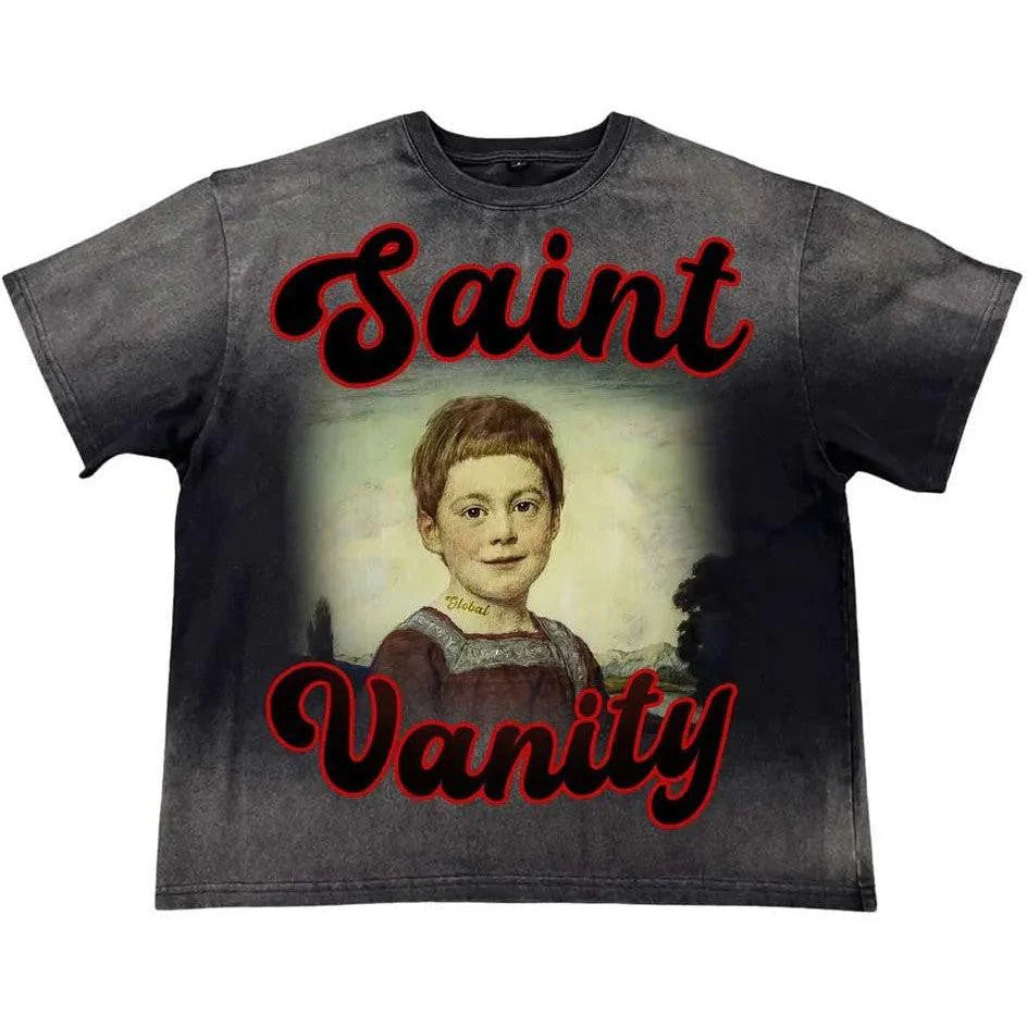 Washed black distressed tee by Saint Vanity. Features a boy's portrait with "Global" on his neck, framed by black & red "Saint" and "Vanity" script.