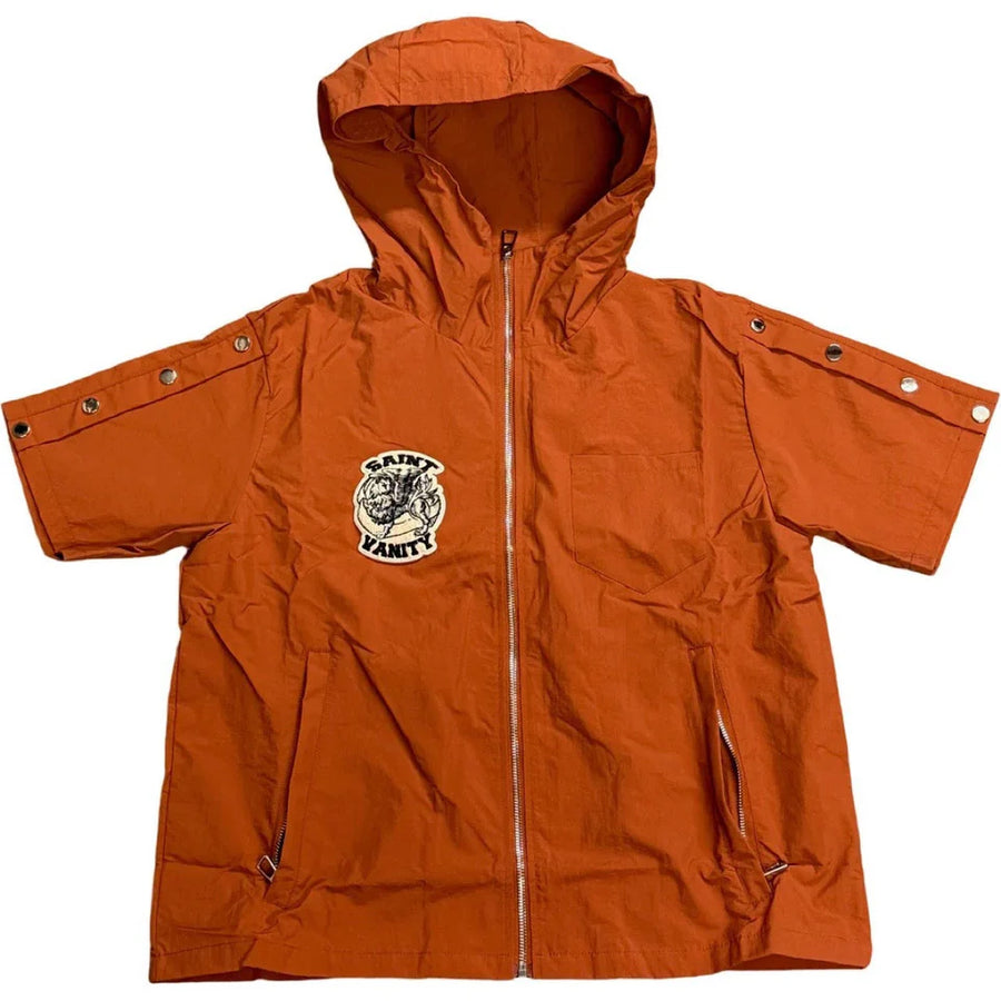 Saint Vanity Cognac nylon hooded short-sleeve top with full zipper, chest pocket, 2 lower zip pockets, metal sleeve details, and brand logo.