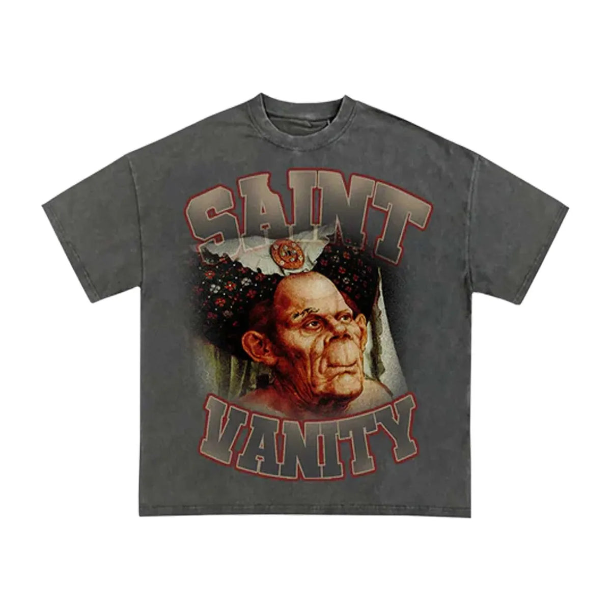 Washed grey Saint Vanity HOQ Tee with a distressed graphic of an old man's head, "SAINT" above, "VANITY" below in red outlined text.