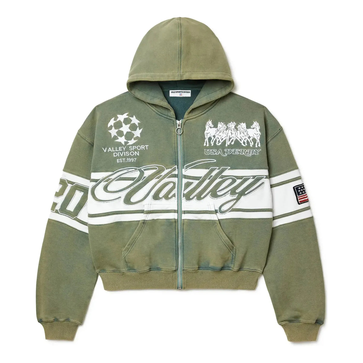 Vale Forever forest green zip-up hoodie with white cursive Valley text, soccer ball, horses, and USA flag patch details.