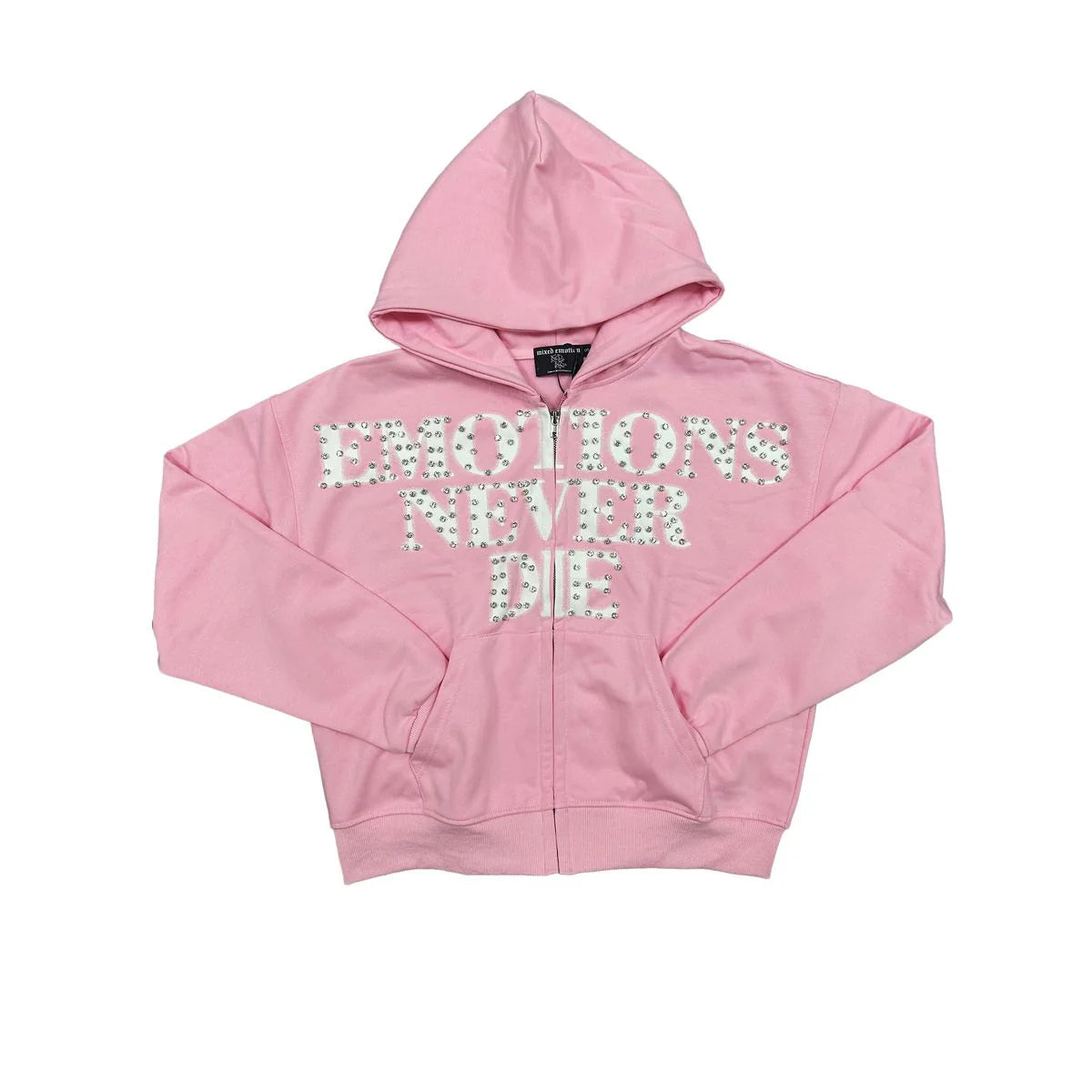 Valentine's Day pink MIXED EMOTION zip-up hoodie with "BROKEN HEARTS NEVER DIE" text in sparkling rhinestones.