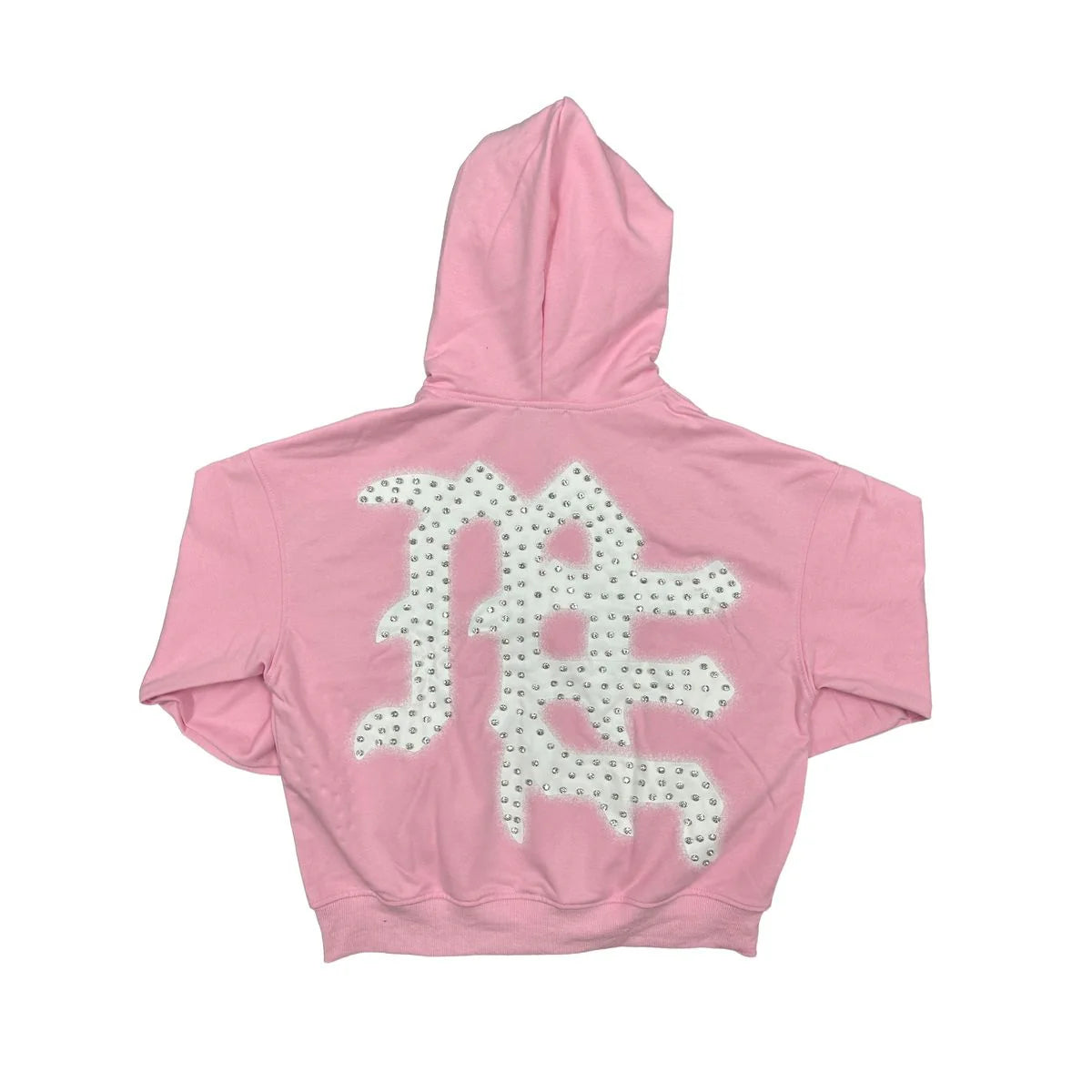 Valentine’s Day pink hooded zip-up, back view. Large white rhinestone-studded stylized logo.