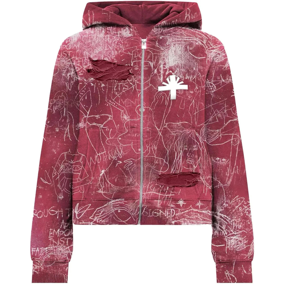 Deep red VERTABRAE C7 hoodie, full zip, with white graffiti sketches, distressed rips & white asterisk logo.