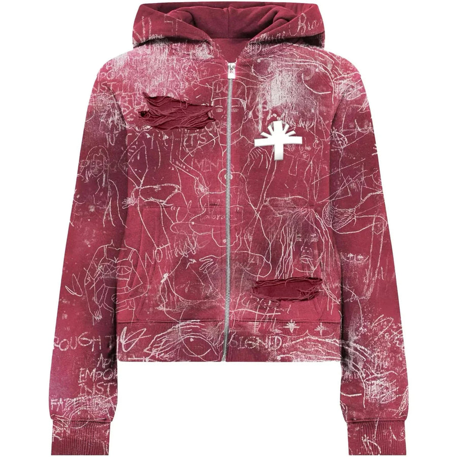 Deep red VERTABRAE C7 hoodie, full zip, with white graffiti sketches, distressed rips & white asterisk logo.