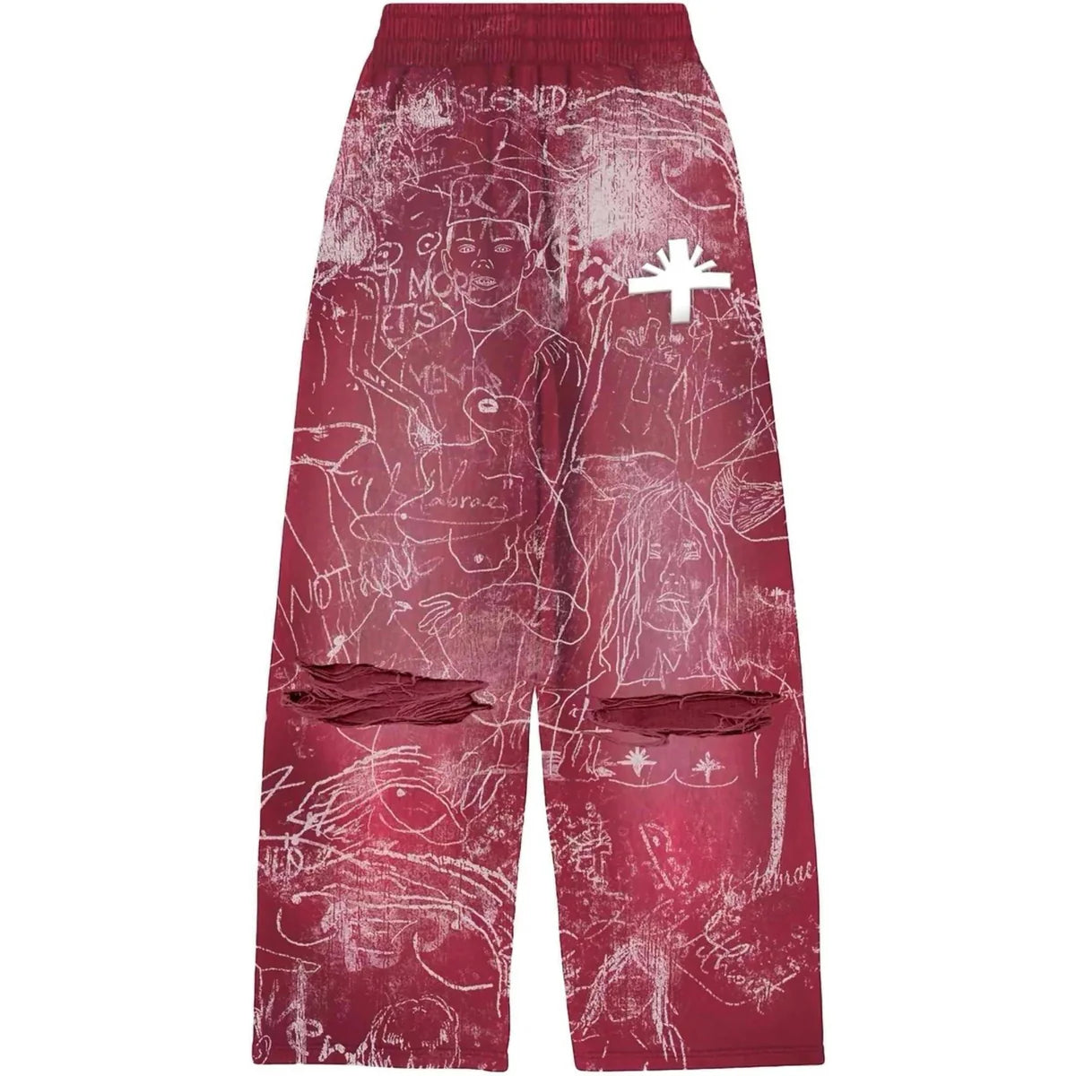 Red VERTABRAE sweatsuit bottoms with white graffiti sketch print, ripped knees, and a white asterisk logo.