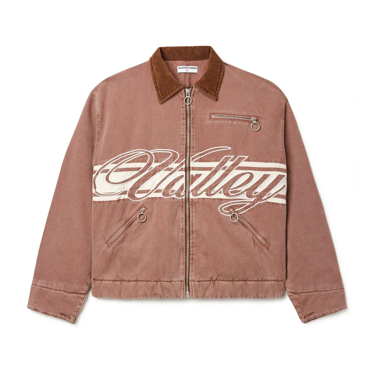 Vale brown trucker jacket. Corduroy collar, full zip with O-ring pulls. Features white stripe with "Calley" cursive text & 3 zip pockets.