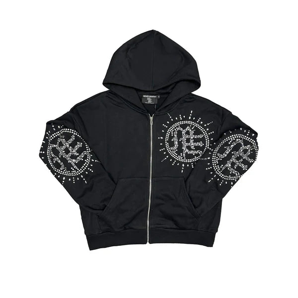 Black MIXED EMOTION zip-up hoodie with silver rhinestone eclipse designs on the right chest and both sleeves.