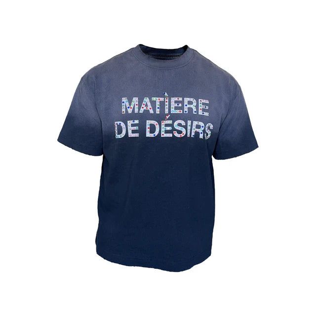 Navy ombre Matìere De Désirs short-sleeve tee with "MATIÈRE DE DÉSIRS" in colorful diamond letters.