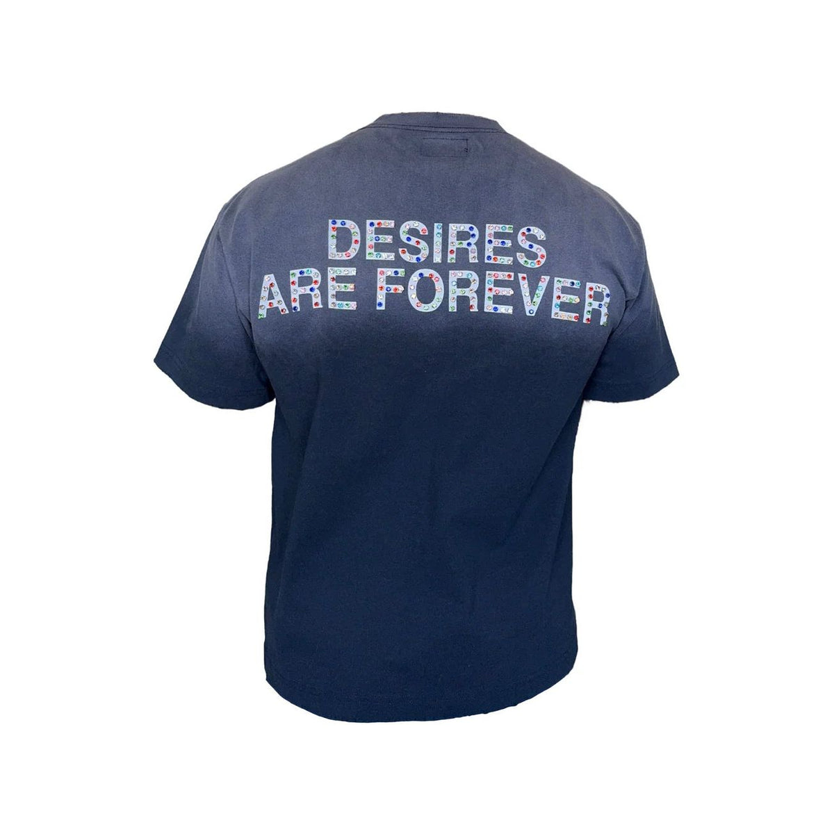 Navy Matìere De Désirs Diamond Tee with "DESIRES ARE FOREVER" in colorful, diamond-filled letters on a grey-to-navy fade.