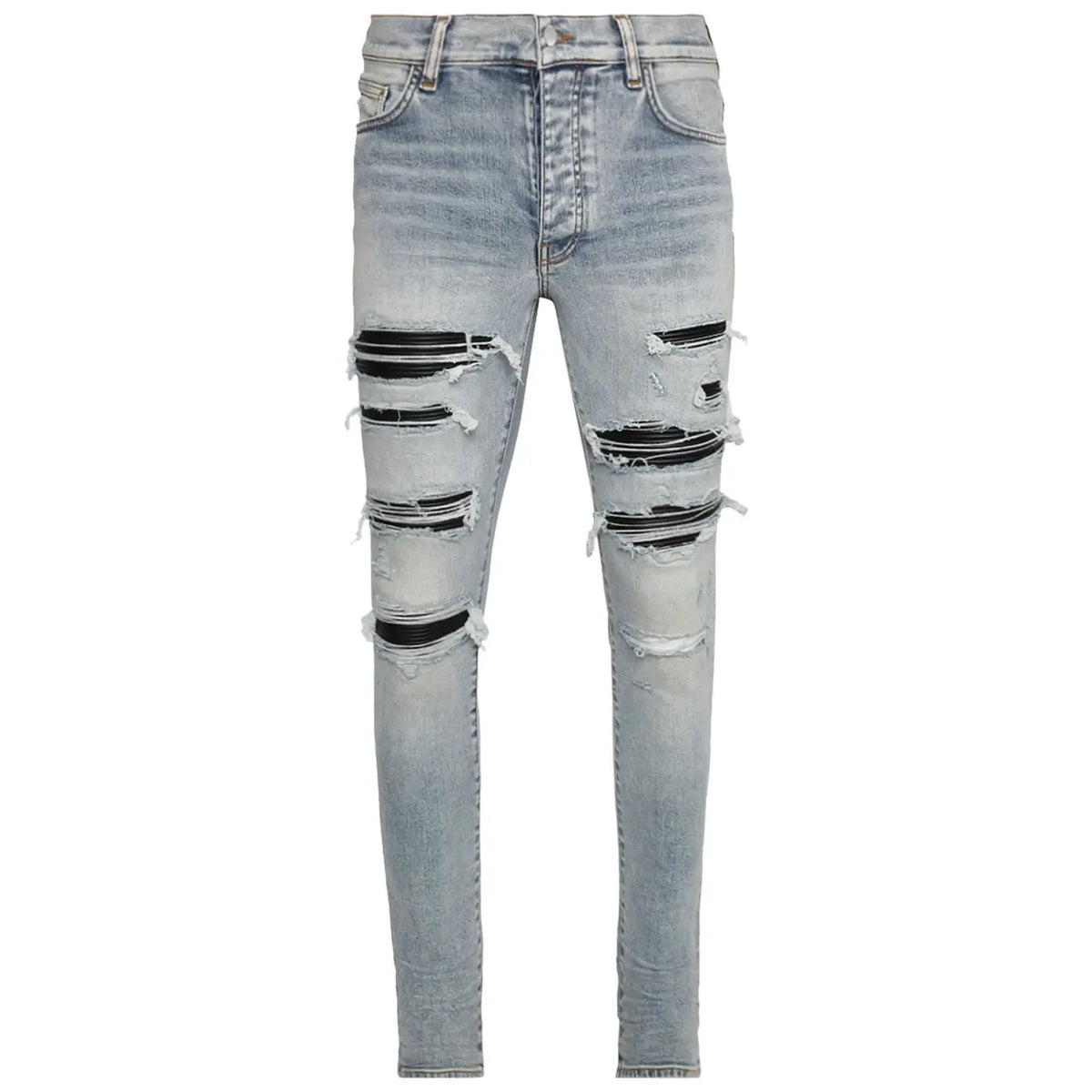 AMIRI Thrasher Jean in stone indigo distressed denim, featuring large horizontal rips revealing black ribbed panels.