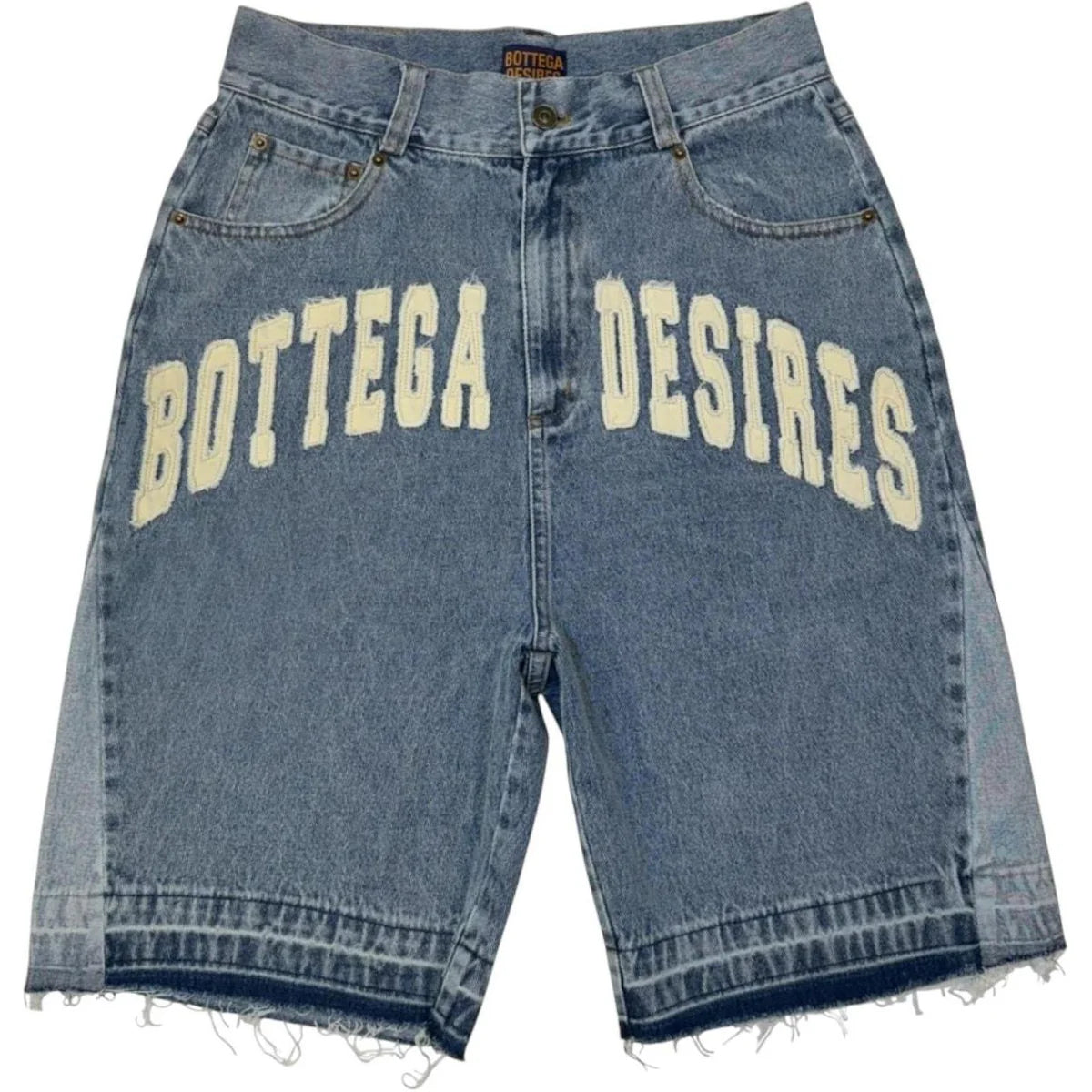 Bottega Desires light wash denim shorts with large cream 'Bottega Desires' text, faded side panels, and frayed hem.