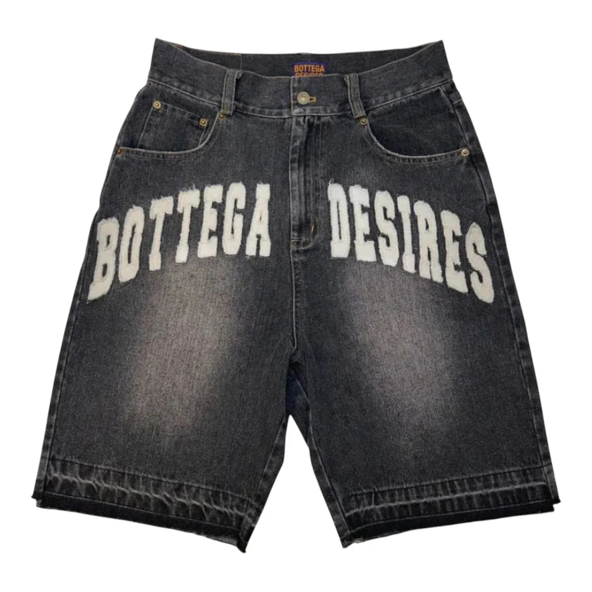 Bottega Desires black wash denim shorts with large white "Bottega Desires" text on the front, relaxed fit & distressed details.