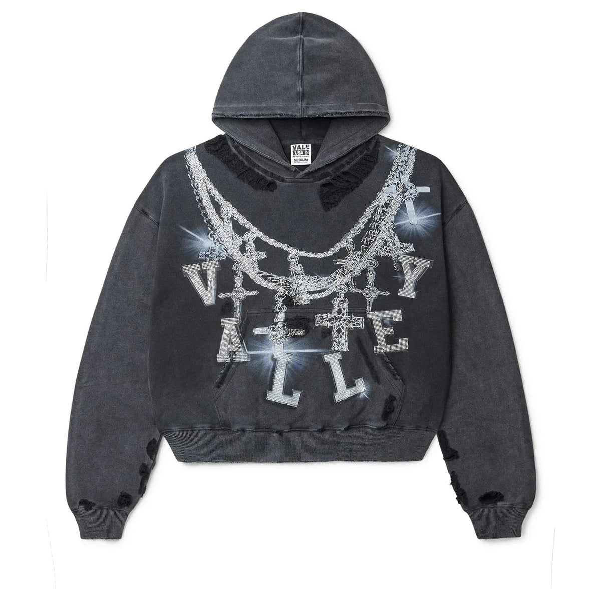 Vale Forever black distressed pullover hoodie with bejeweled big chain, cross pendants, and "VALE ALL" text.