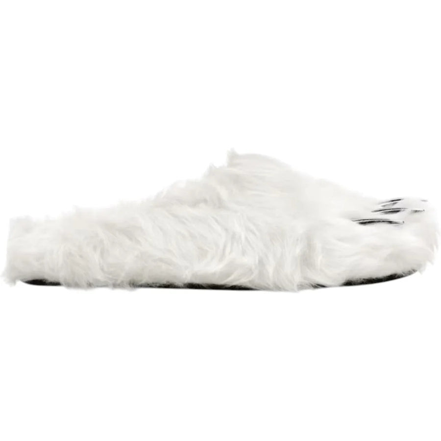 Bravest Studio white fluffy Bear Claw Mule with three silver metal claws protruding from the toe. Dark sole.