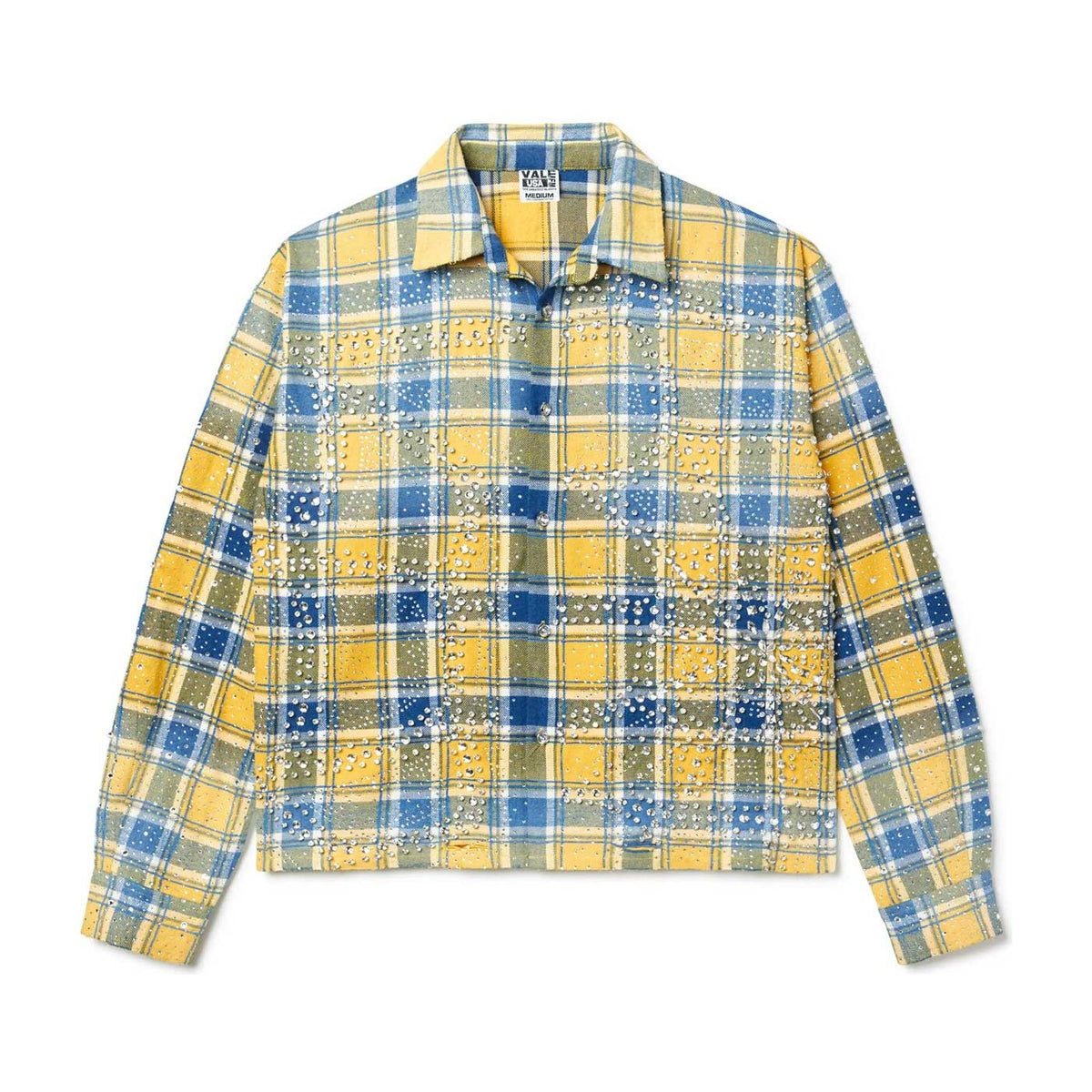 Vale Forever Lemonade Flannel: Yellow/Blue plaid shirt with small, clear, dewdrop-like rhinestone embellishments.