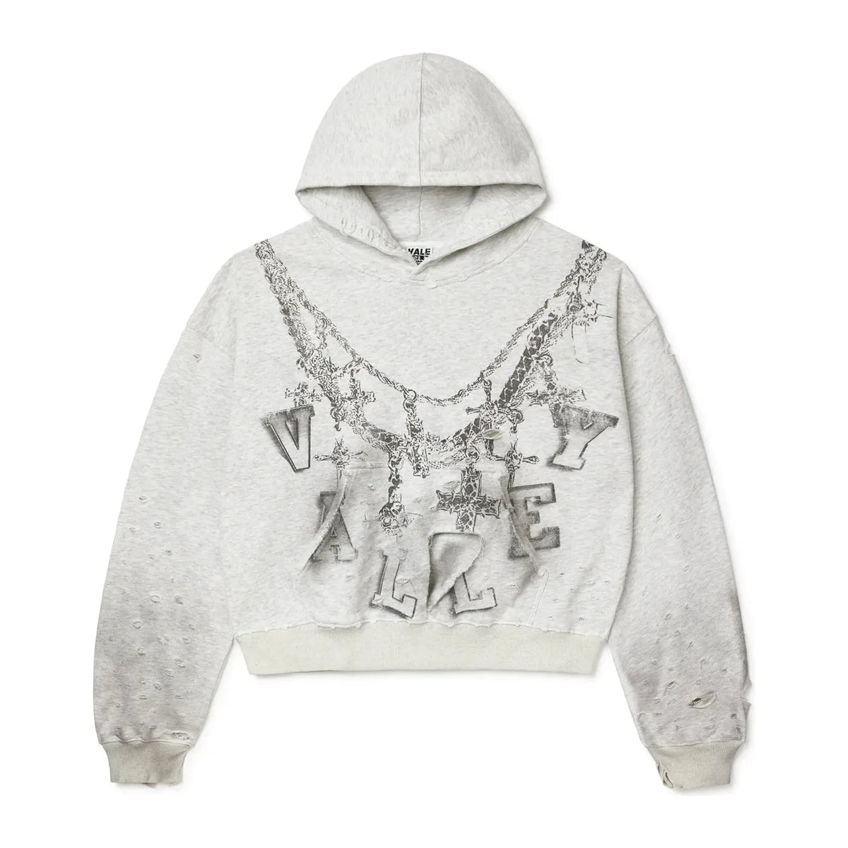 Vale Forever distressed white hoodie featuring VALE text with hanging chains, crosses & skulls graphic.