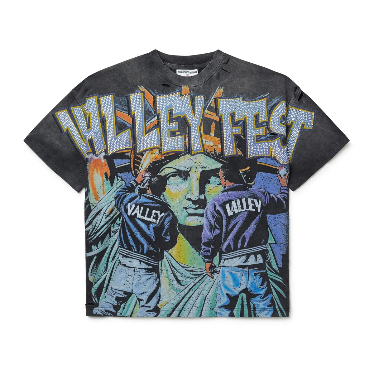 Distressed black Vale tee with "VALLEY FEST" in sparkling graffiti, over two men spray-painting the Statue of Liberty.