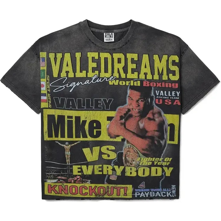 Washed black Vale Forever tee with large Mike Tyson graphic, "VALEDREAMS", "Mike Tyson VS Everybody" in yellow & red.