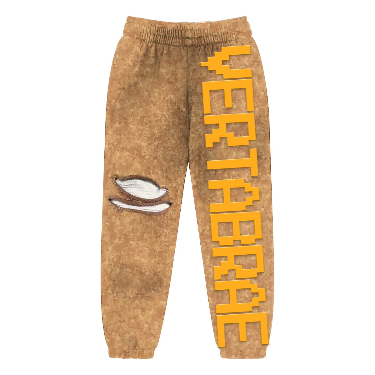 VERTABRAE Dust sweatpants feature a distressed left knee, ribbed cuffs, and a large vertical pixelated orange 'VERTABRAE' logo on the right leg.