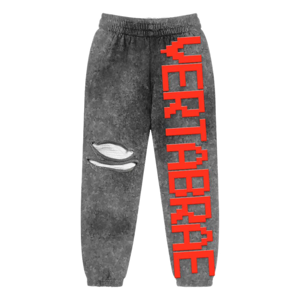 VERTABRAE C2 "Navy Dust" sweatpants, speckled dark grey, with vertical pixelated red text on right leg, ripped left knee.