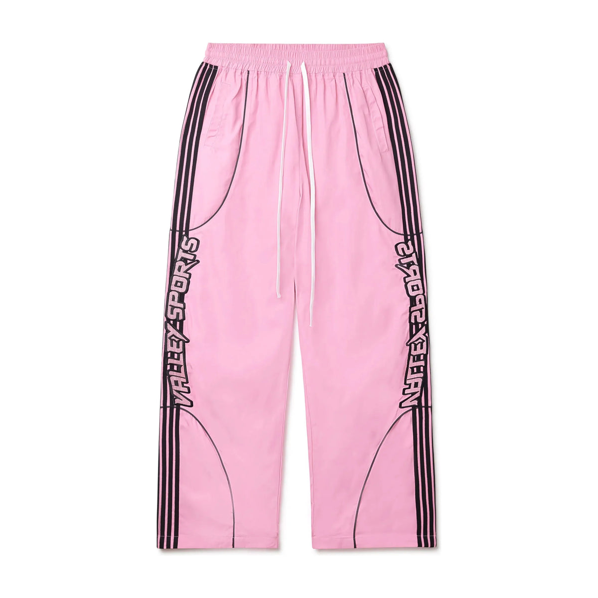 Pink track pants with elastic waist, white drawstring, black triple side stripes & piping. "VALLEY SPORTS" and mirrored "FOREVER VALE" text.