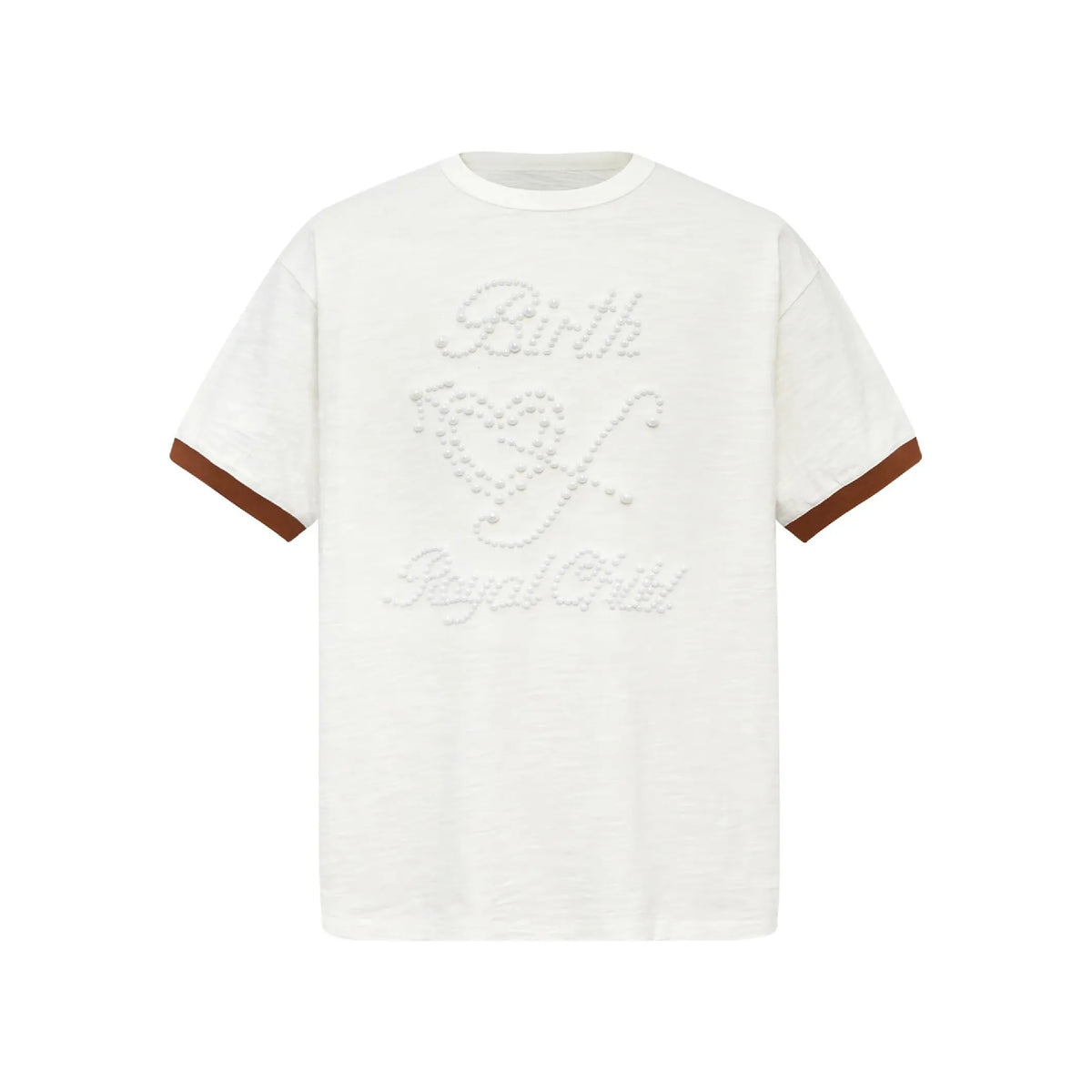White patchwork pearl tee with "Birth Of Royal Child" spelled out in pearls on the front, and brown trim on the short sleeves.