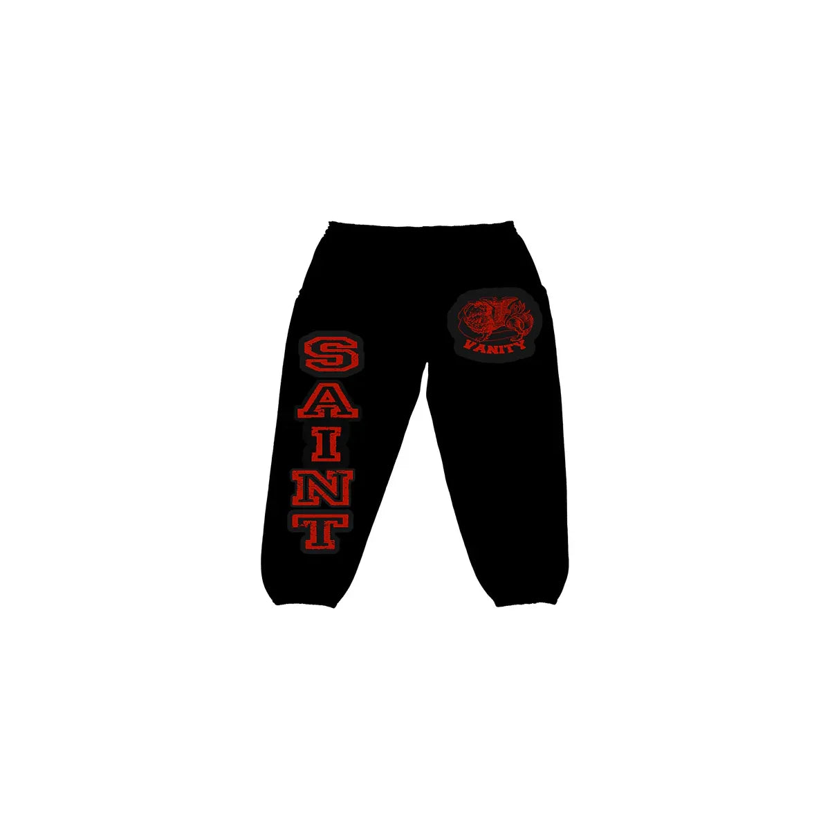 Black Saint Vanity Griffin sweatpants. Red "SAINT" vertically on left leg, red griffin and "VANITY" patch on right hip.