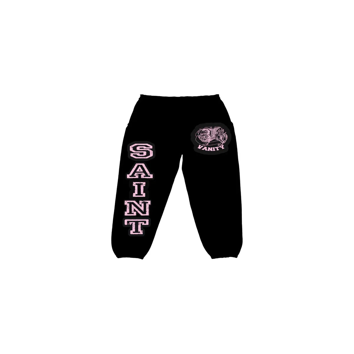 Black sweatpants with pink "SAINT" vertically on the left leg and a pink griffin with "VANITY" on the right hip.