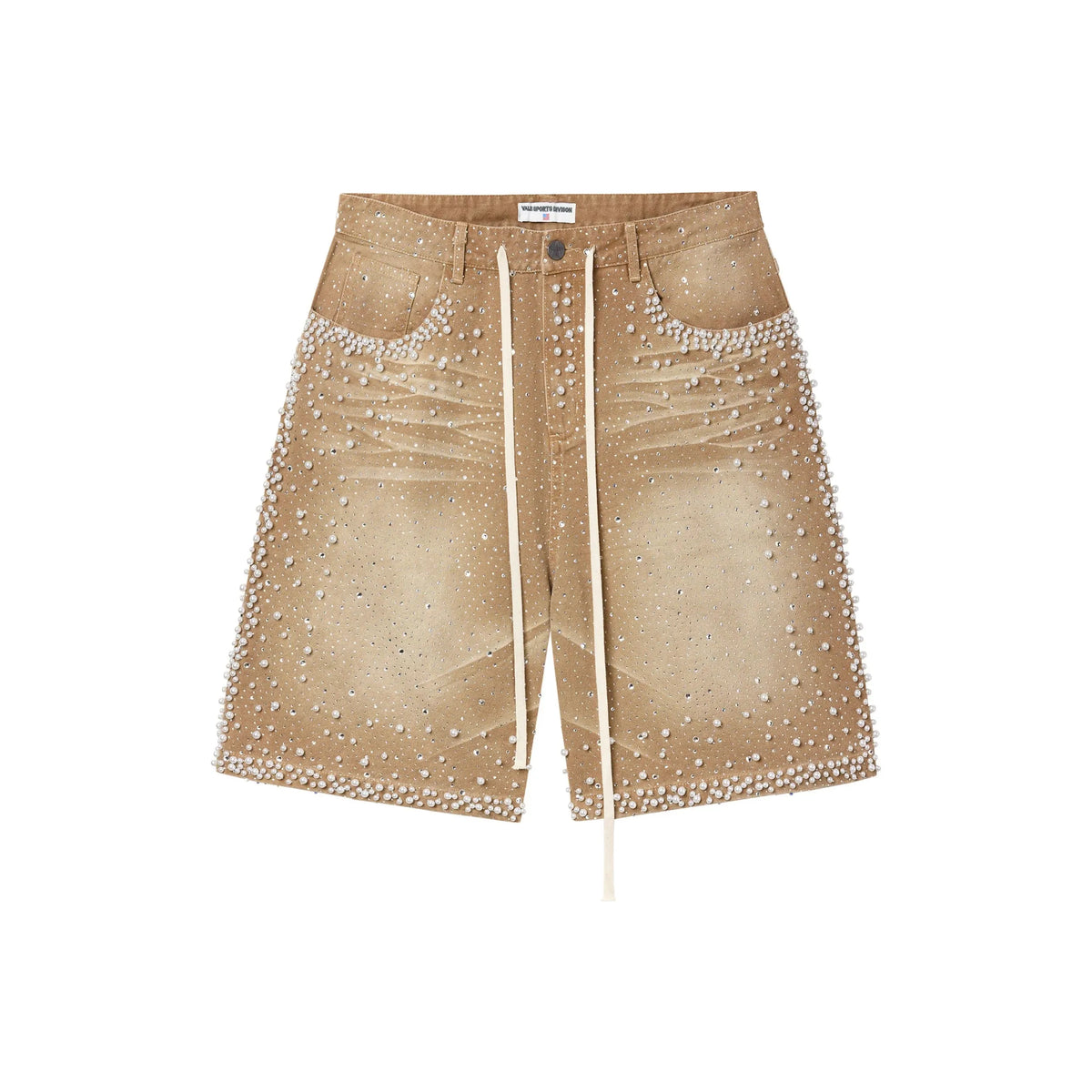 Vale Forever 'Sand Storm' jorts. Tan, faded denim with scattered rhinestones & white pearls. Cream drawstrings, VALE SPORTS DIVISION label.