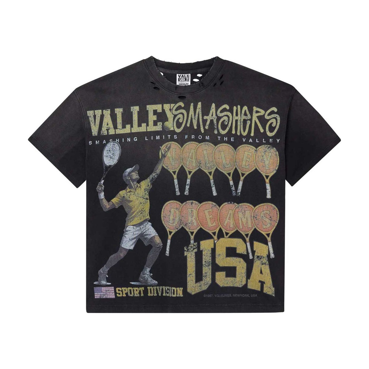 Black distressed Vale Forever tee with gold "Valley Smashers" graphic, tennis player, & rackets forming "Valley Dreams USA".