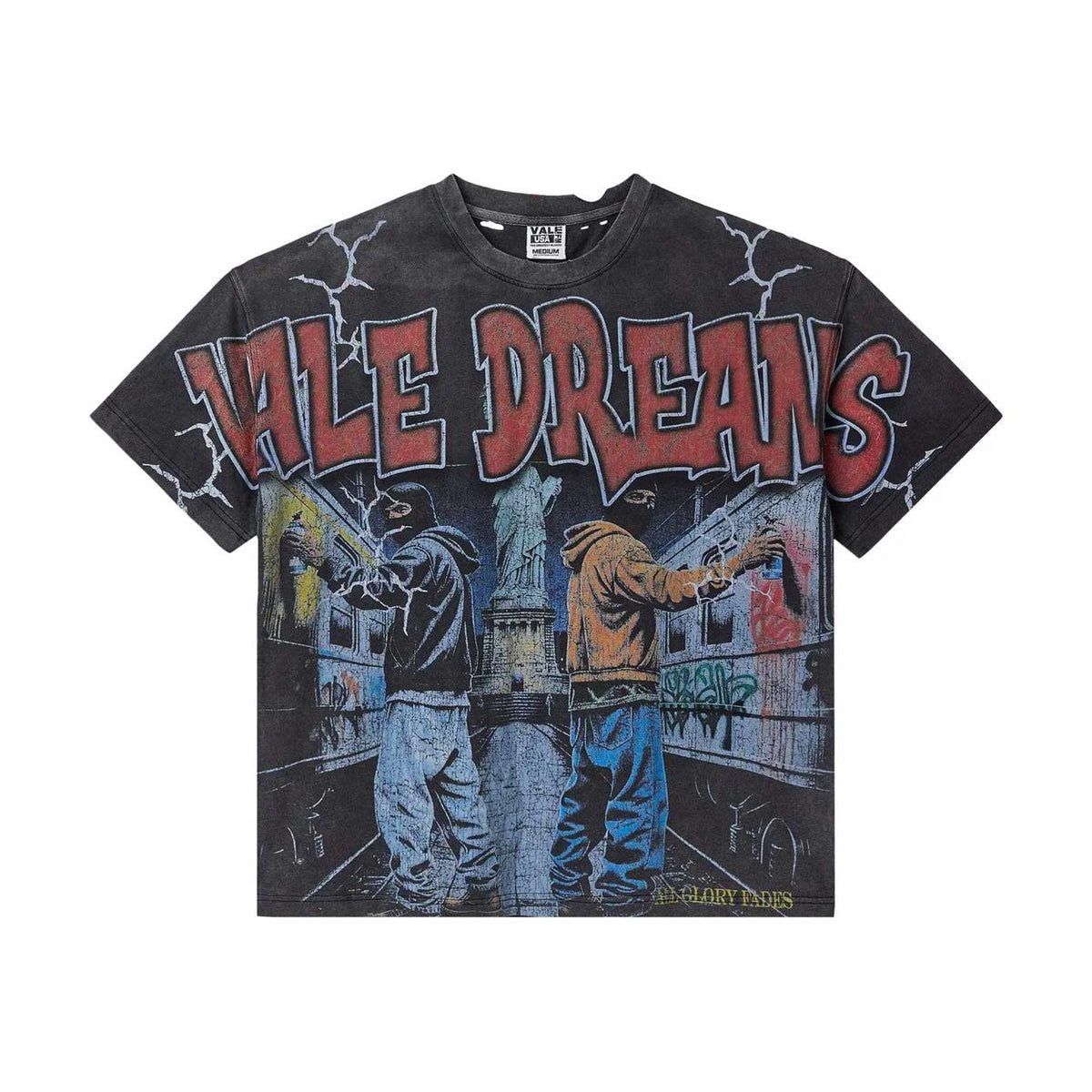 Vale USA Black Big Tee. Red 'VALE DREAMS' graffiti, artists painting trains by Statue of Liberty. Distressed top.