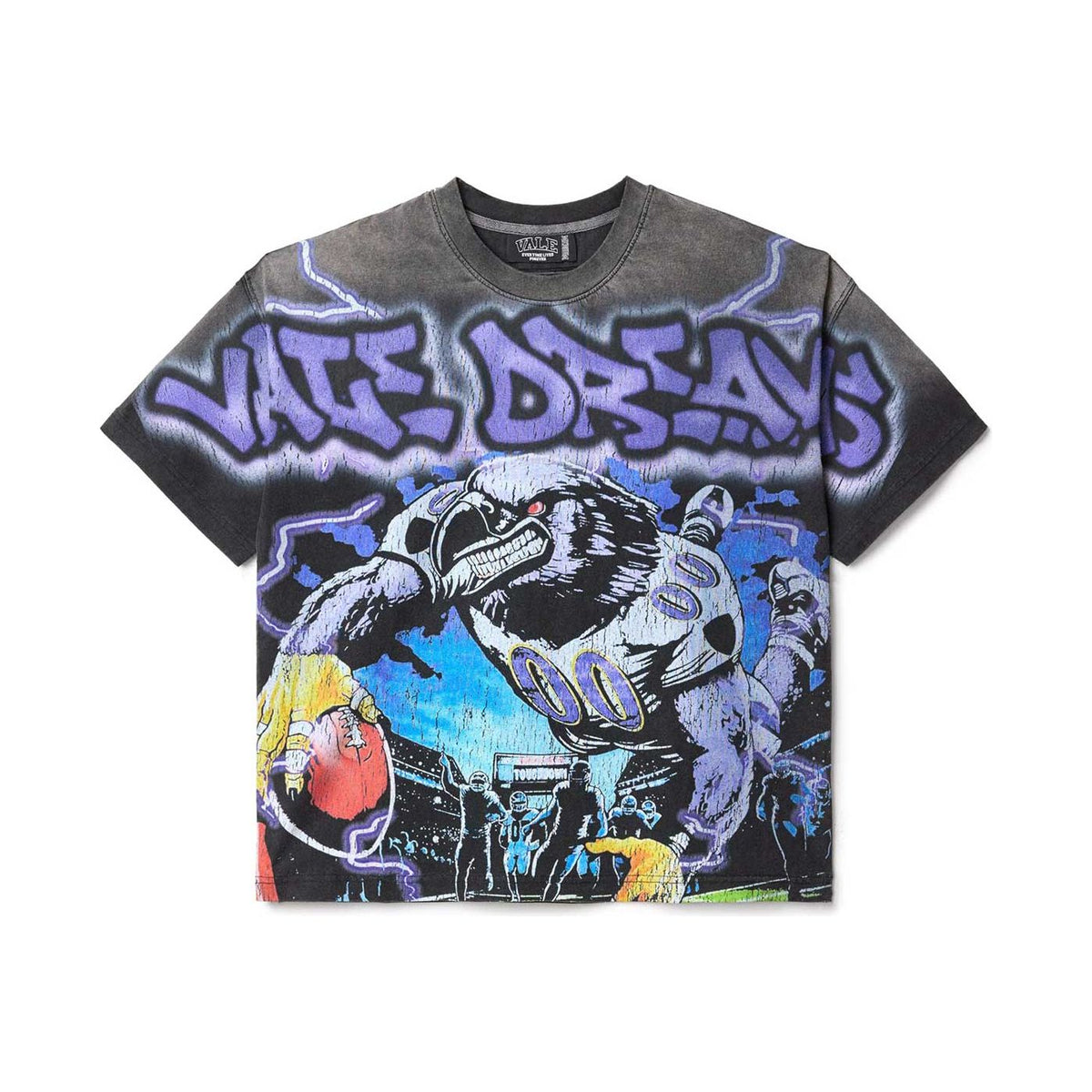 Faded black Vale Forever tee with an angry football raven mascot catching a ball, surrounded by lightning. Purple 'VALE DREAMS' graffiti.
