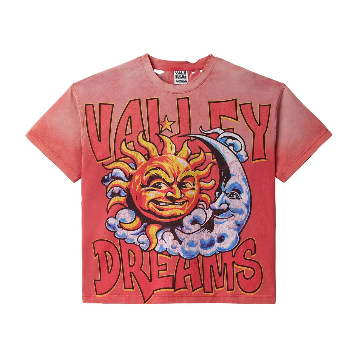 Vale Forever faded red thrashed tee with smiling sun, moon, clouds graphic & 'VALLEY DREAMS' text.
