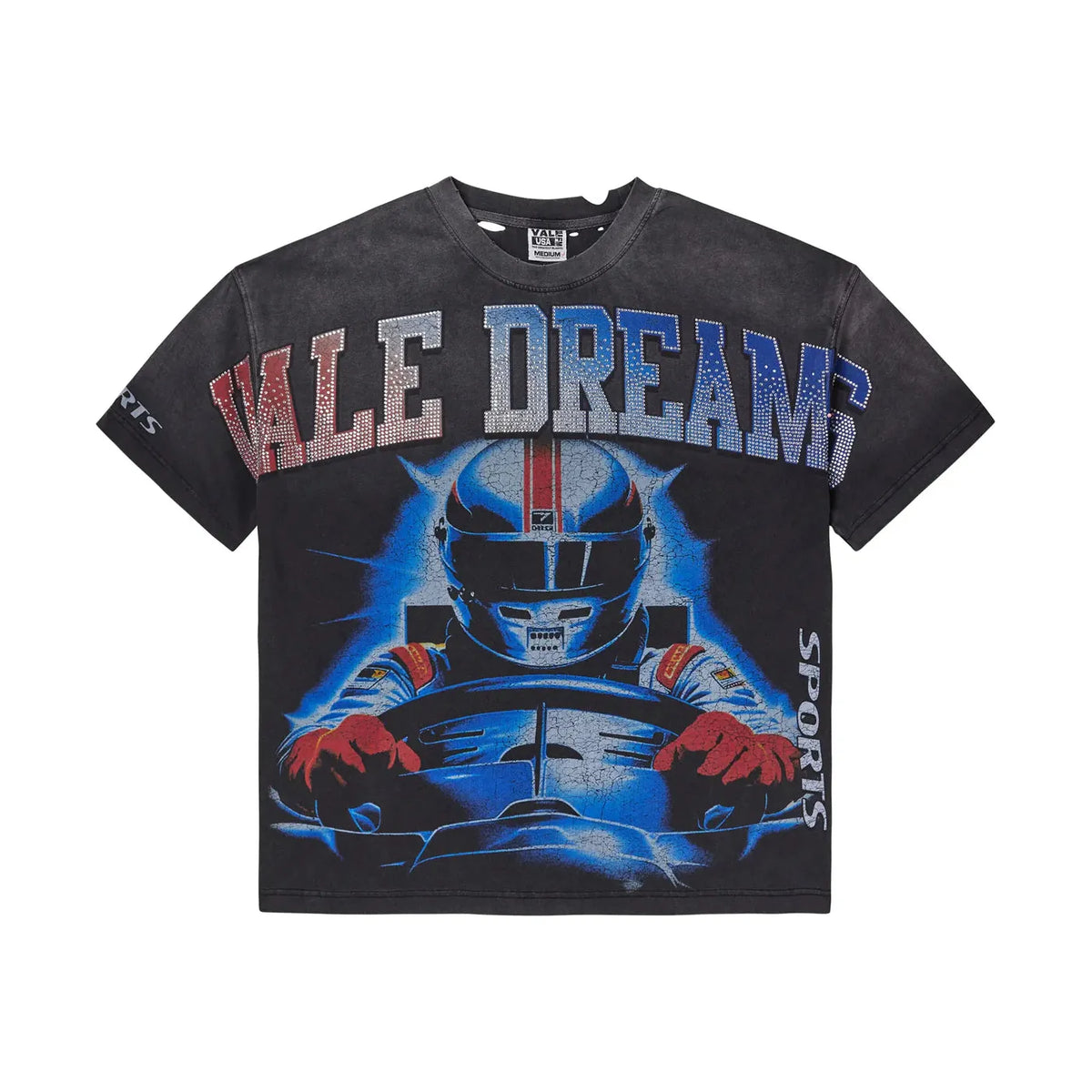 Black acid-washed Vale Forever Speed Bling Tee. Red & blue rhinestone 'VALE DREAM' over racer graphic. 'SPORTS' on sides.