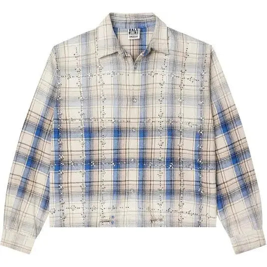 Vale Forever Skyfall Flannel: Cream & blue plaid shirt with silver stud grid and distressed details.