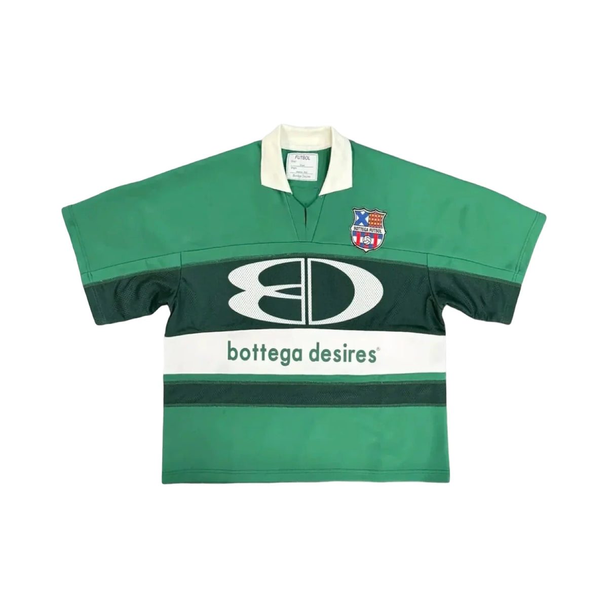 Green Futbol Jersey. Cream collar, 'BOTTEGA FUTBOL' patch. Dark green mesh stripe, white BD logo & 'bottega desires' text.
