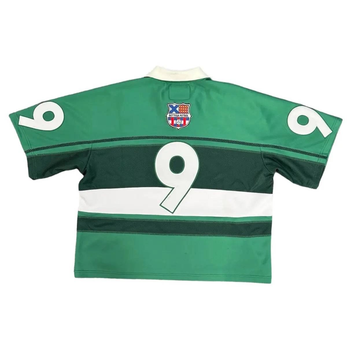 Green Bottega Desires futbol jersey, back. White collar, large '9', white stripe, mesh green stripes, and 'Bottega Futbol' crest.