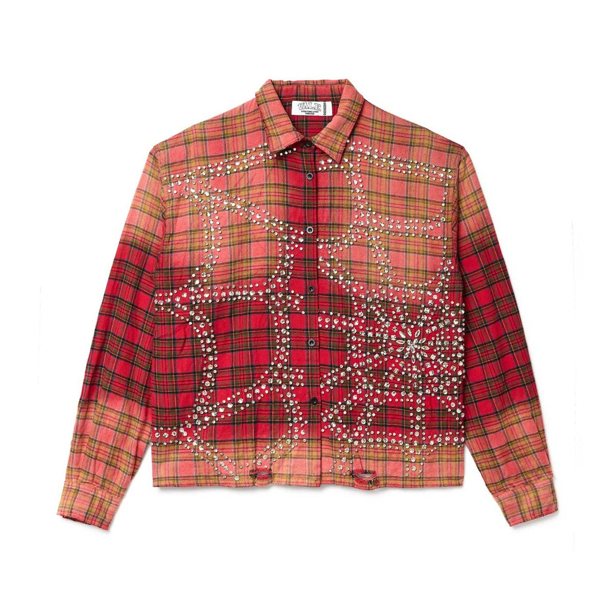 Vale Forever Red Haze Flannel: Red plaid shirt with faded ombré effect, silver stud starburst pattern, and distressed hem.