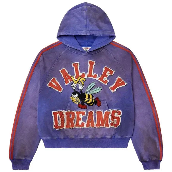 Faded blue hoodie with red "VALLEY DREAMS" distressed text, a cartoon bee with "VS", red sleeve stripes, and kangaroo pocket.