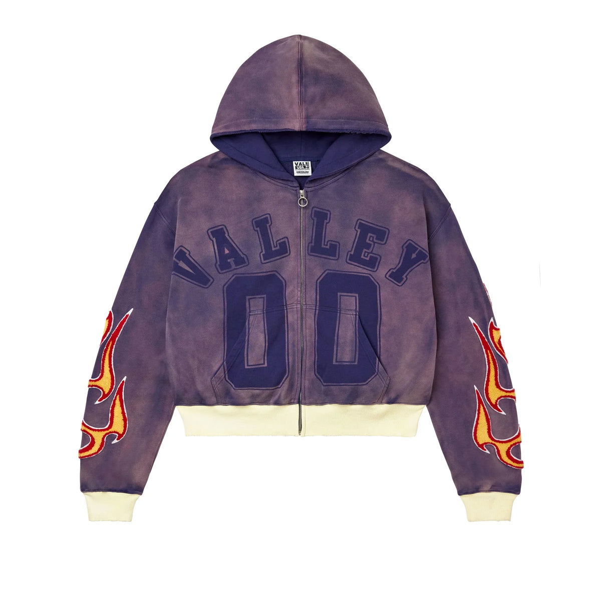 Vale Forever distressed blue full-zip hoodie with "VALLEY 00" text, red/yellow flame sleeves, and cream ribbed trim.
