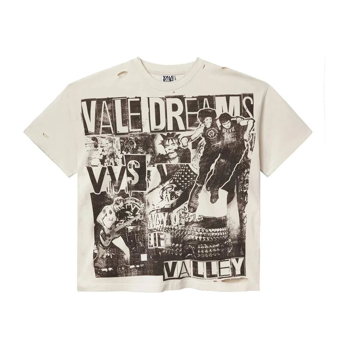 Cream VALE USA Moshpit Tee, distressed with ripped holes. Features a black punk collage graphic including 'VALE DREAMS'.