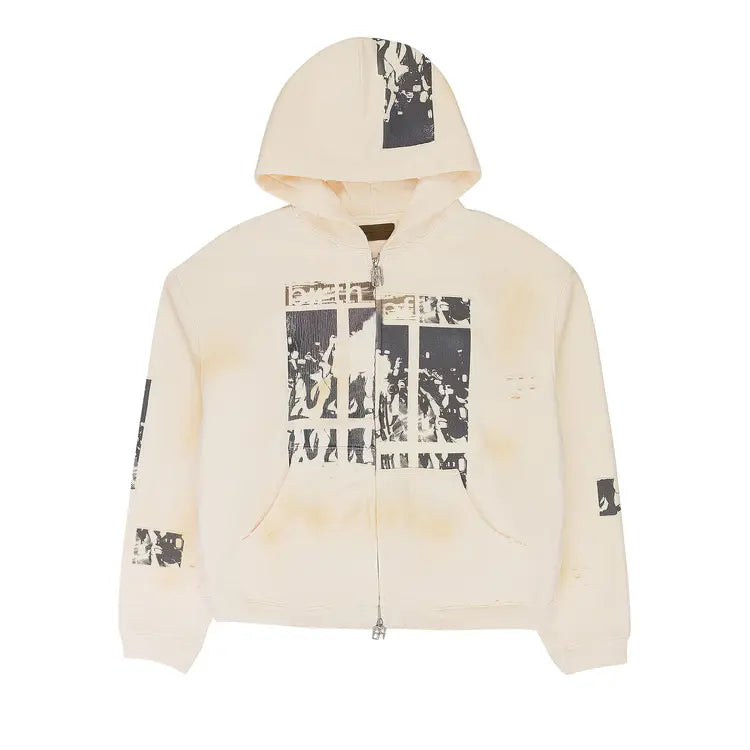 Cream full-zip hoodie with distressed black/white 'Flashlight' graphic on front, hood & sleeves. Features faint yellow staining.