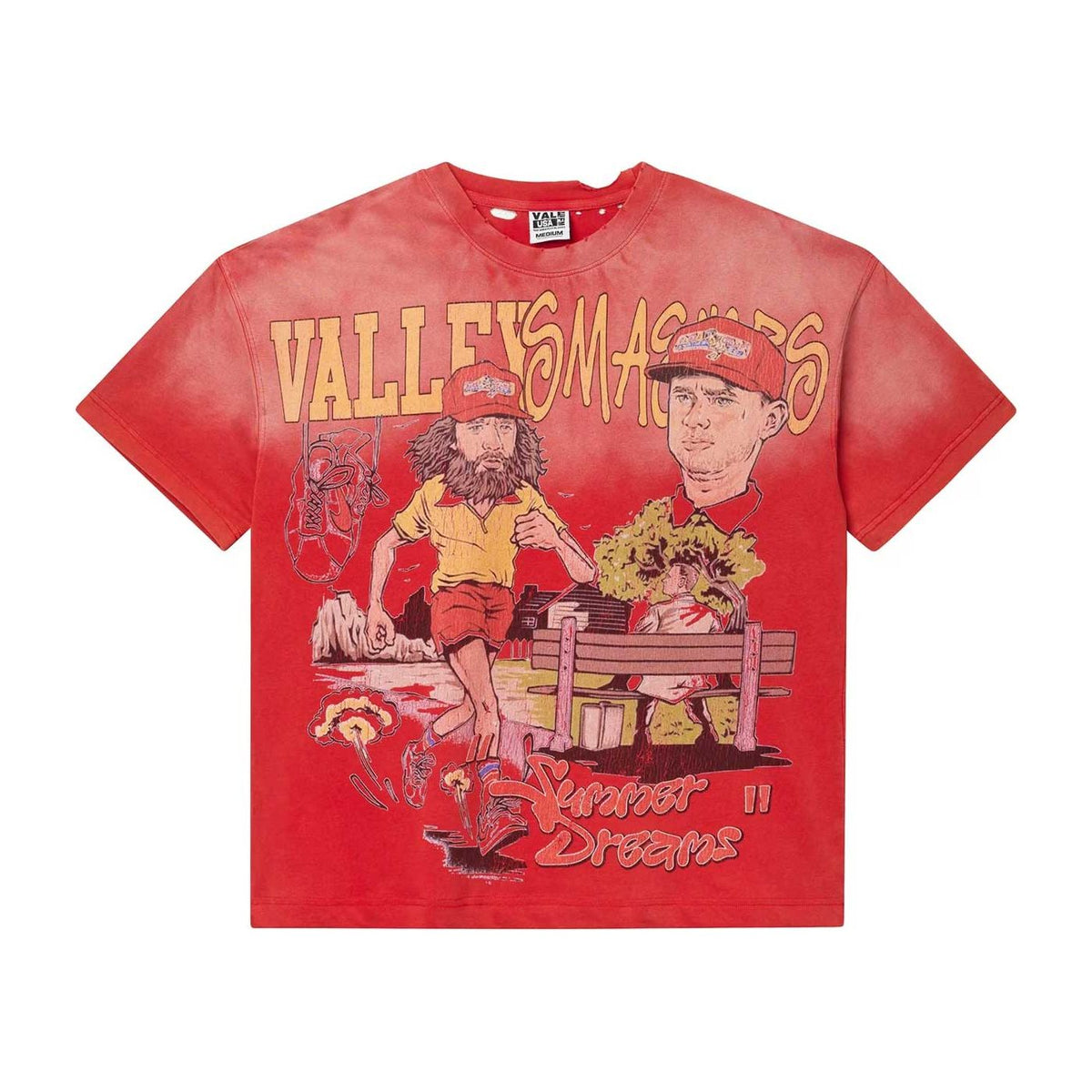 Vale Forever red acid-wash tee. Graphic: "VALLEYS SMASH," two men (one running, one seated), & "Summer Dreams.