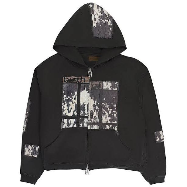 Black full-zip hoodie with "birth" text and fragmented grayscale collage print on the chest, hood, and sleeves.