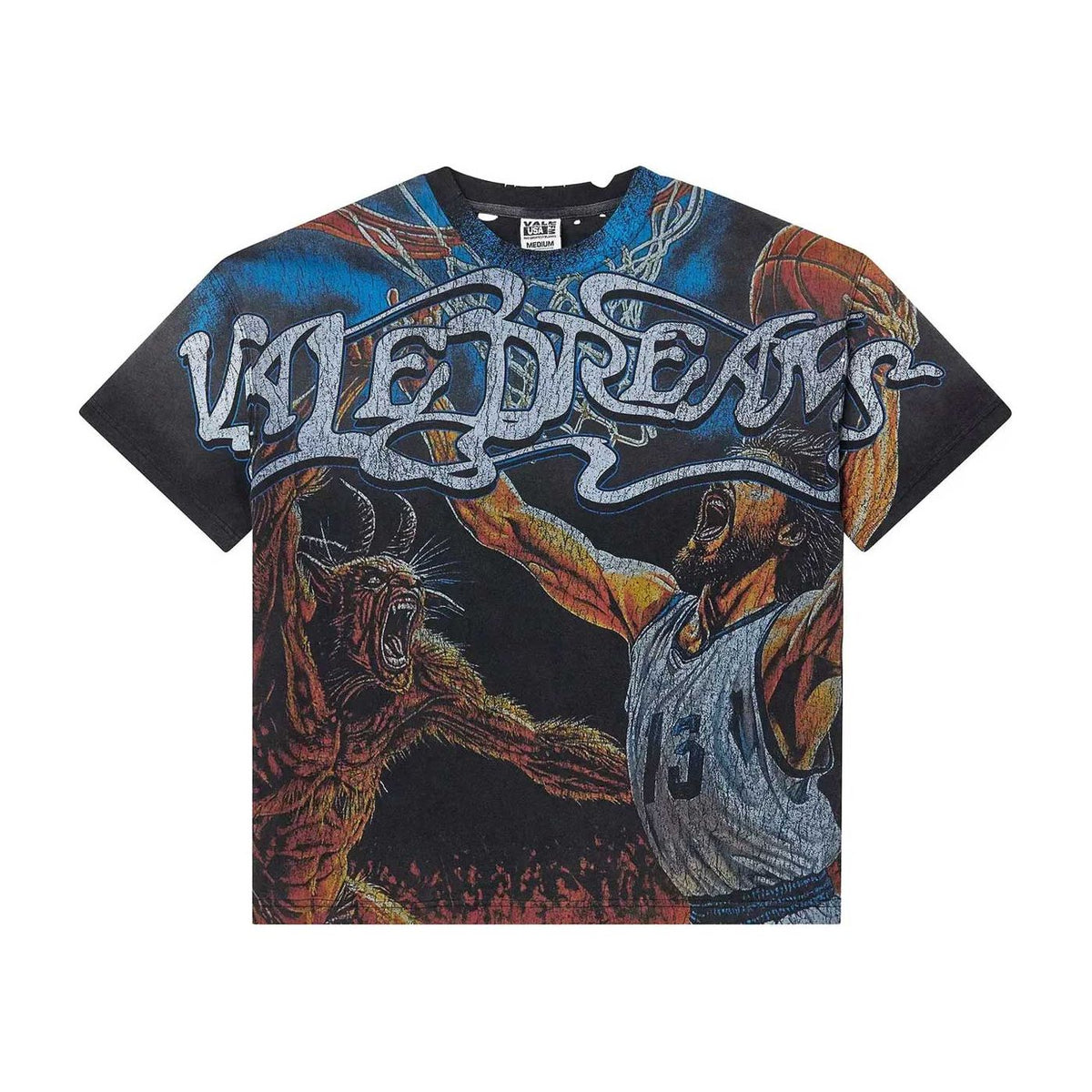 Black Vale Forever Holy Finals Tee with a distressed "VALE DREAMS" text, a basketball player dunking, and a horned demon.