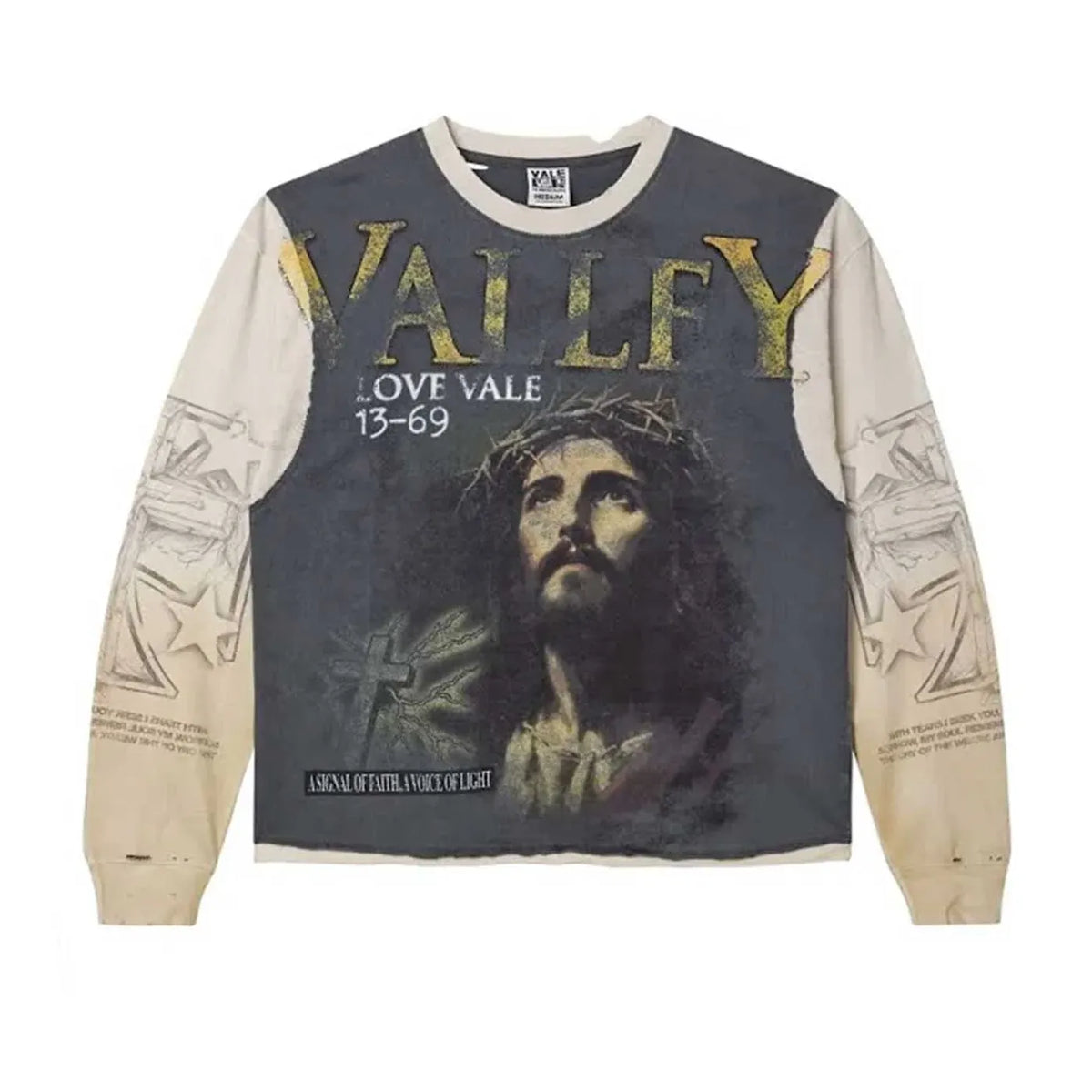Vale Forever L/S Tee: Faded grey body with gold "VALLEY", Jesus graphic. Light beige sleeves with star print. Distressed.