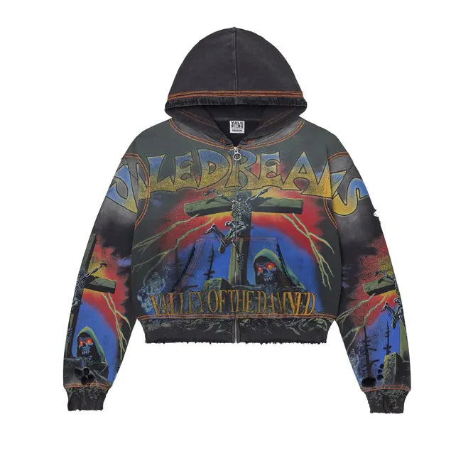 Distressed black Vale Forever zip-up hoodie with VALEDREAMS graphic: skeletons, reapers, lightning, 'VALLEY OF THE DAMNED'.