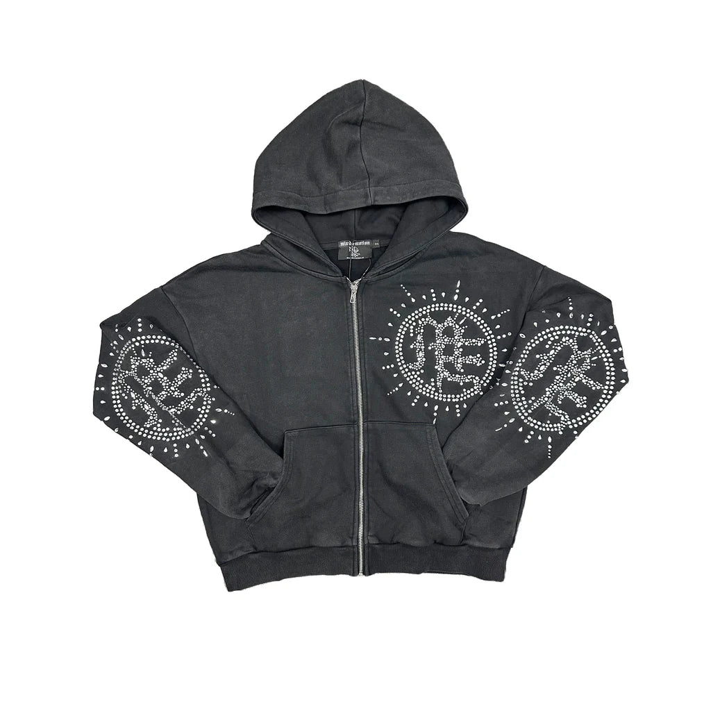 Mixed Emotion grey hooded zip-up with full zip, and circular "Eclipse" rhinestone designs featuring "ME" on the chest and sleeves.