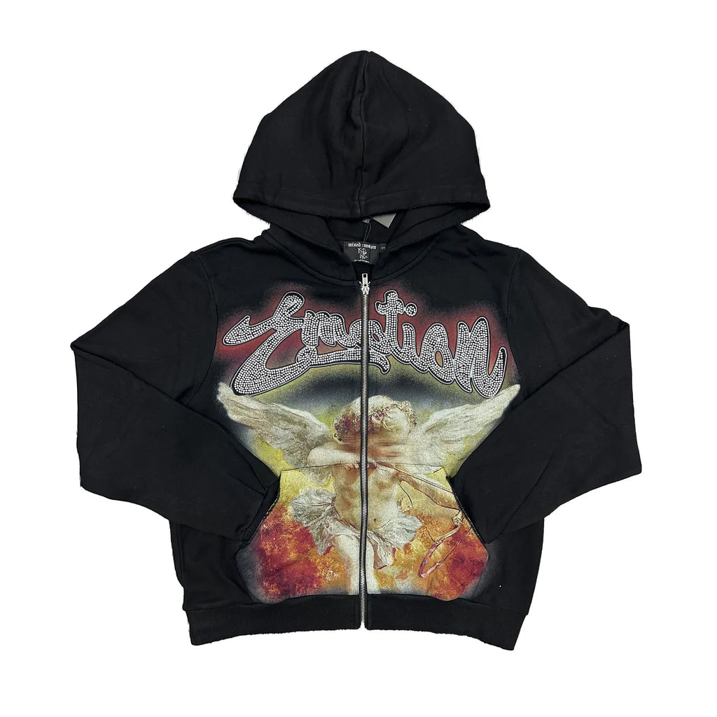 Black MIXED EMOTION rhinestone zip-up hoodie. "Emotion" in rhinestones over a cherub on a fiery red & yellow background.